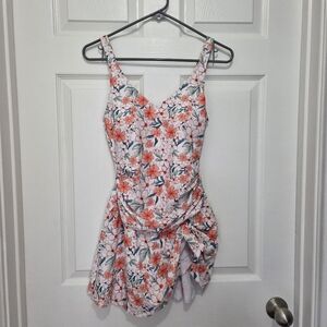 AIDONGER One Piece Women Tummy Control  Modest Skirt V Neck floral Swimdress M